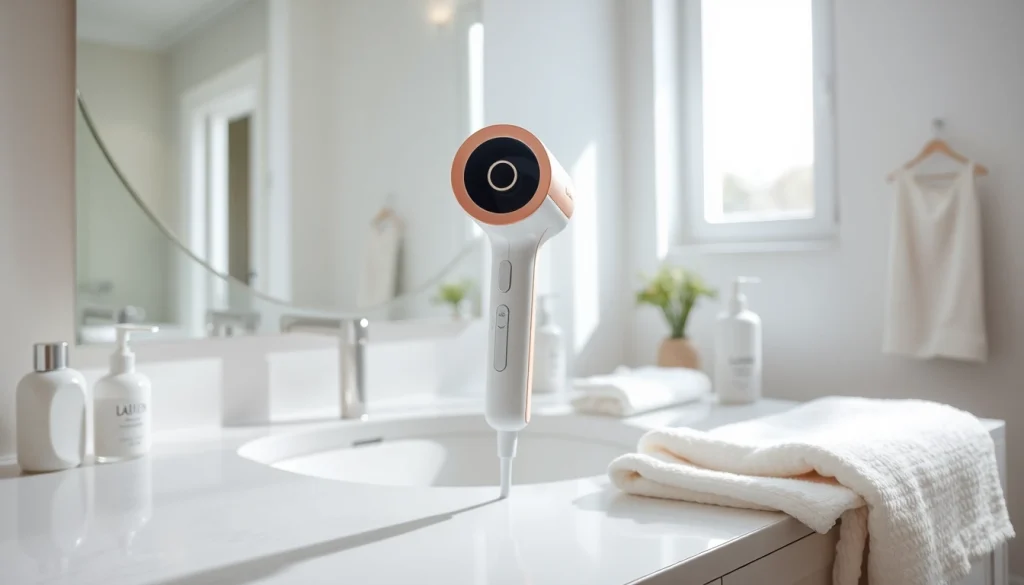Efficiently styling with laifen se lite hair dryer in a bright, modern bathroom setup.