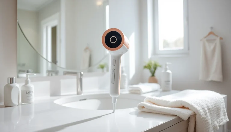 Efficiently styling with laifen se lite hair dryer in a bright, modern bathroom setup.
