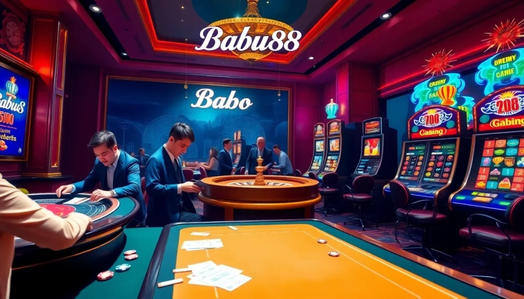 Babu88 casino table with vibrant games, chips, and players enjoying the action.