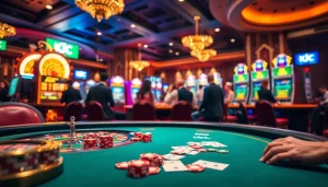 KJC players enjoying a thrilling poker game at a luxurious casino with vibrant colors and exciting atmosphere.