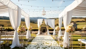 Capture the essence of Clarksburg Wedding Venues with elegant outdoor decor and lush surroundings.