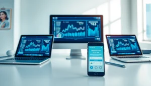 HelloWorld software interface displayed on a laptop and smartphone, illustrating seamless connectivity.