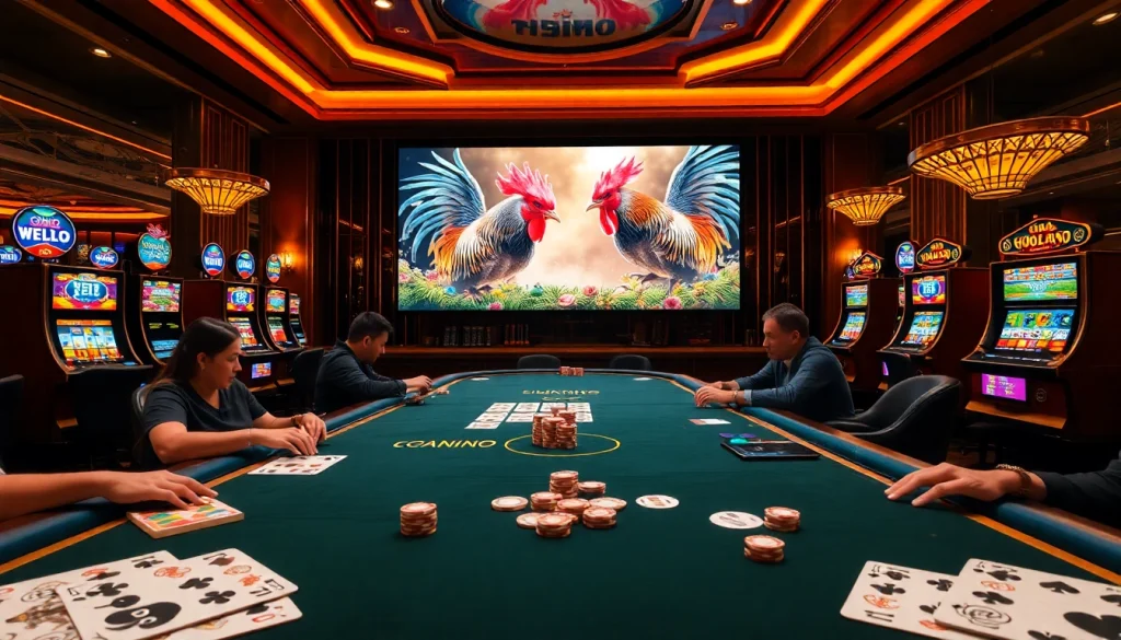 Experience the thrill of đá gà trực tiếp thomo with a captivating casino scene featuring live betting.