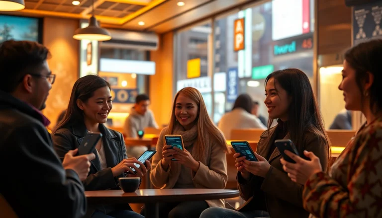 Engaging scene of diverse individuals interacting with sex AI chatbots in a cozy café setting.