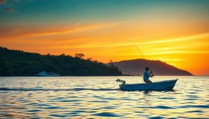 Angler enjoying saltwater fly fishing at sunrise with vibrant colors and serene waters.