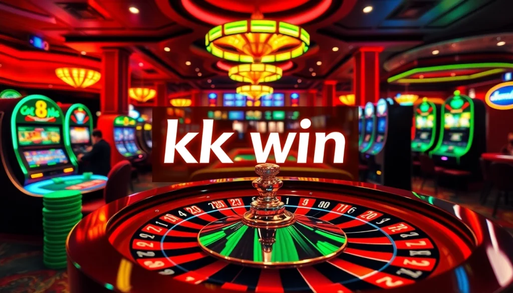 Experience the thrill of kk win at an upscale casino with spinning roulette, poker chips, and vibrant slot machines.
