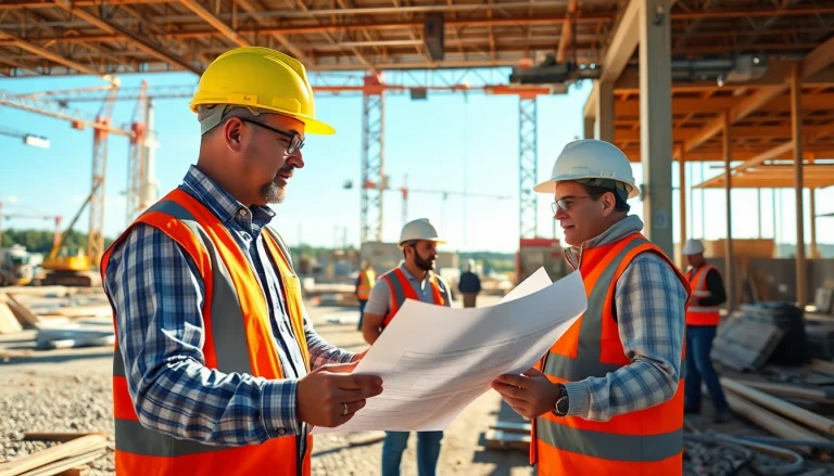 New Jersey Construction Manager inspecting blueprints on-site with active construction in the background.