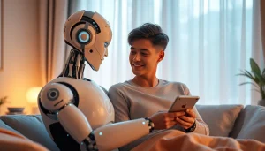 AI sex scenario featuring a humanoid robot and a human in a comforting, intimate setting