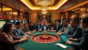 Experience high-stakes excitement with 136bet Download on a vibrant casino floor featuring poker tables and slot machines.