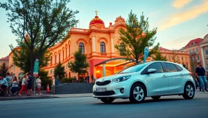 Rent a car Moldova at sunset in Chisinau with vibrant architecture.