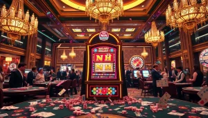 Spin the Nổ Hũ slot machine amidst vibrant casino splendor with players celebrating wins.