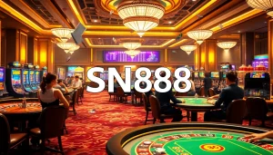 Players enjoying the thrill of SN888 at a vibrant casino, with roulette and poker tables in view.