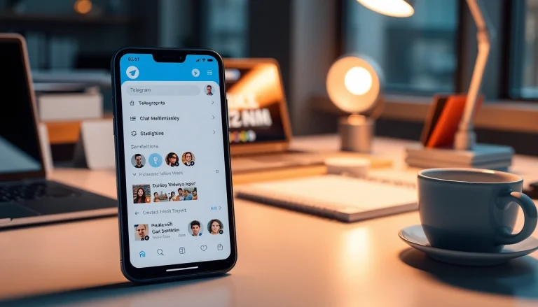 Modern smartphone displaying Telegram中文版 interface, showcasing chat features and productivity tools.