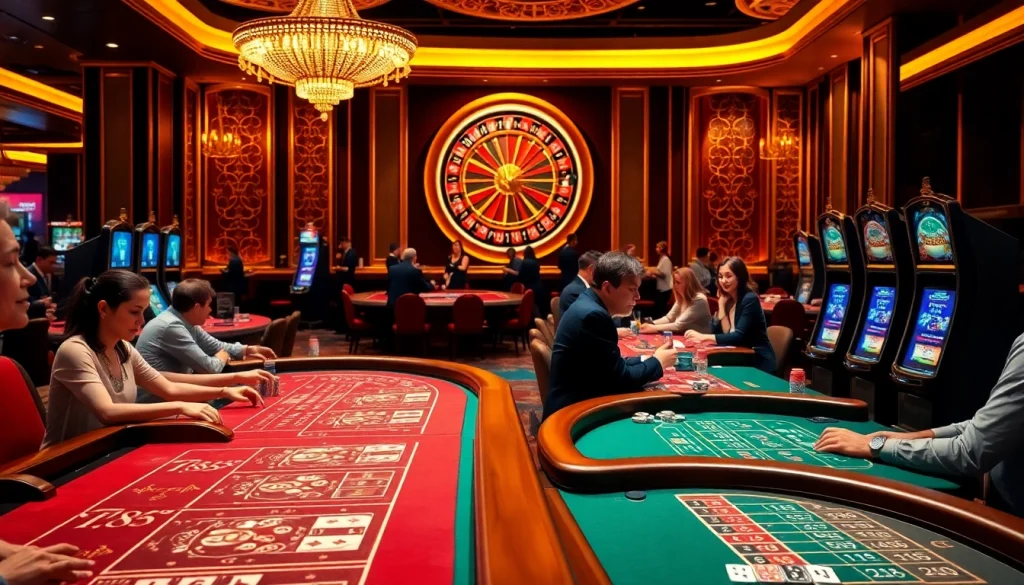 Experience thrilling gameplay at RR88 with luxurious casino tables and engaging slot machines.