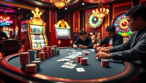 Engaging scene of players enjoying high-stakes poker at SN888, showcasing excitement and luxury in gambling.
