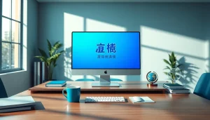 Efficient workspace showcasing the 有道翻译 translation interface in a modern office.