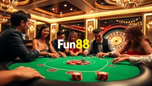 Exciting poker game scene at Fun88 Casino showcasing vibrant poker chips and dealers.