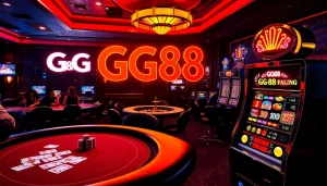 Experience excitement at GG88 with vibrant casino games, poker chips, and a roulette wheel.
