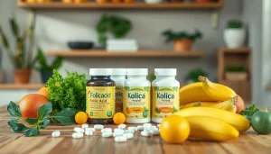 新鮮な野菜を背景に健康的なライフスタイルを演出するおすすめの葉酸サプリメント。