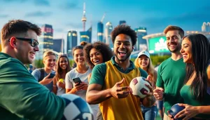 Engaging scene of sports betting Canada enthusiasts enjoying a vibrant cityscape
