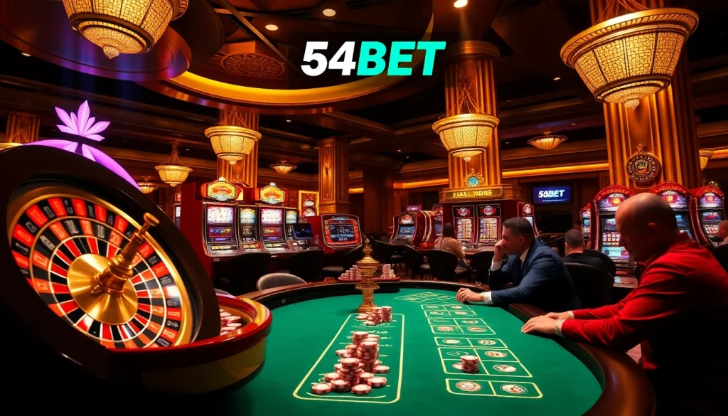 Experience thrilling gameplay at 54BET with poker chips and a roulette wheel in an elegant casino atmosphere.