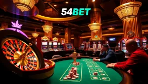 Experience thrilling gameplay at 54BET with poker chips and a roulette wheel in an elegant casino atmosphere.