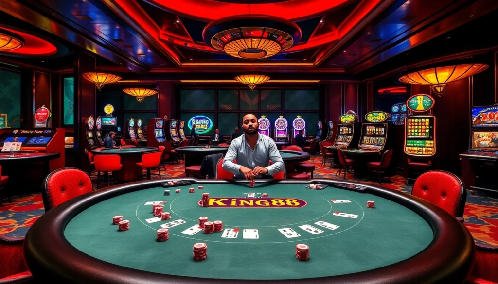 Experience the excitement of king88 at a luxurious casino poker table with vibrant chips and cards.