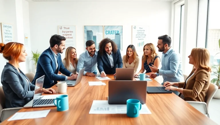 Engaging business coaching service session in a modern office setting with diverse professionals collaborating.