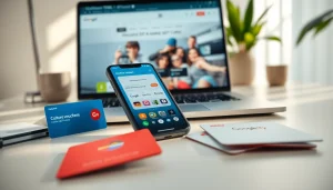 현대적인 데스크탑에서 스마트폰과 상품권이 함께 있는 모습.