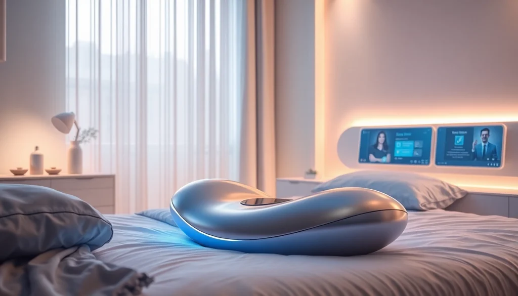 AI sex device in a modern bedroom with soft lighting and digital interfaces.