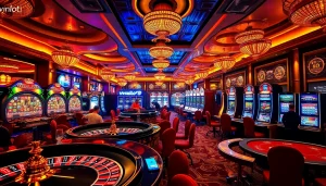 A dynamic casino scene showcasing vnloto with players enjoying poker and vibrant slot machines.