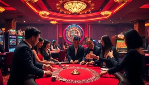 Players enjoying high-stakes poker at Liên Minh KJC's luxurious gaming table.