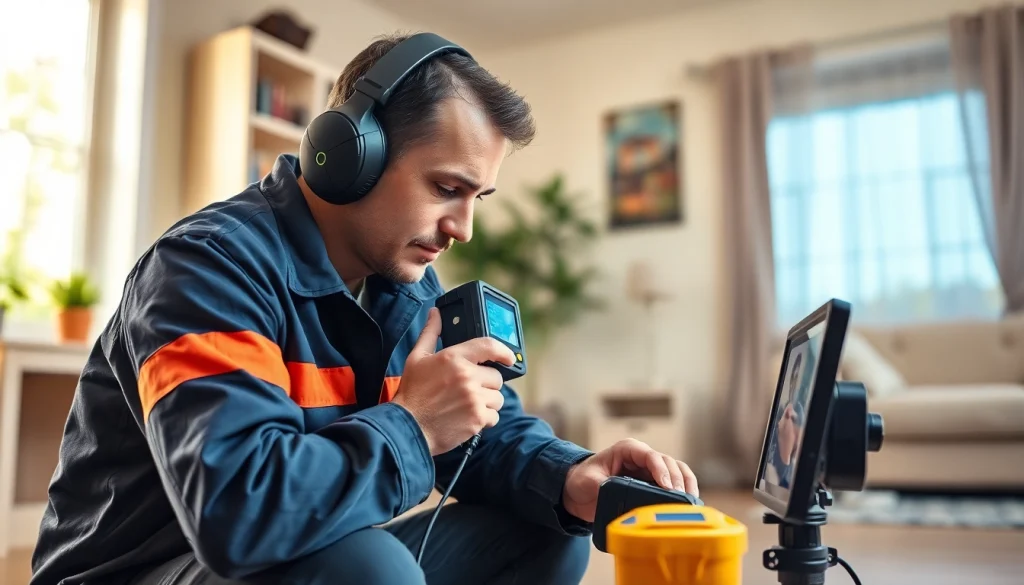 Expert demonstrating leak detection near me with advanced tools in a bright home setting.