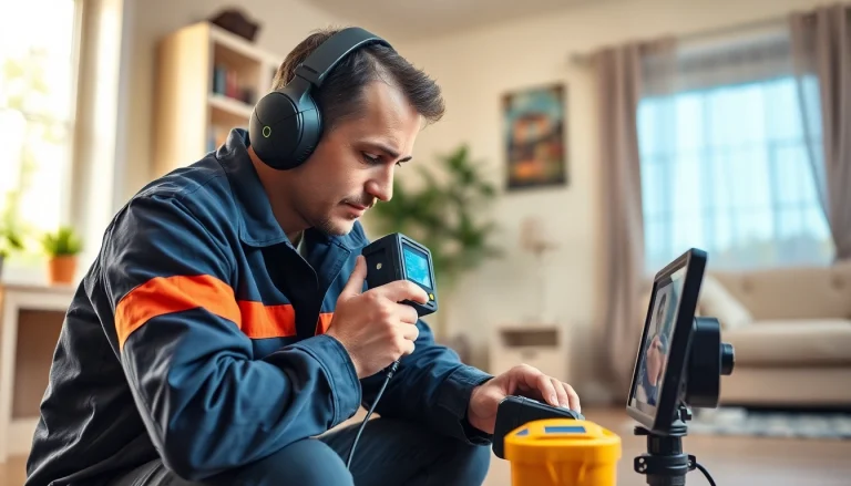 Expert demonstrating leak detection near me with advanced tools in a bright home setting.