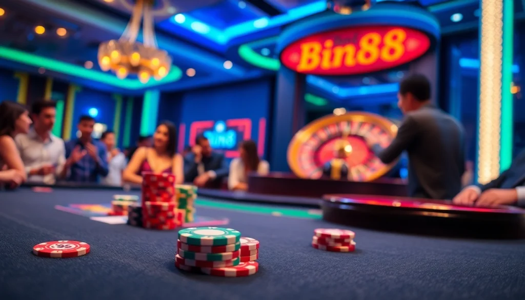 Players enjoying a thrilling game of poker at Bin88 casino, with colorful chips and cards.