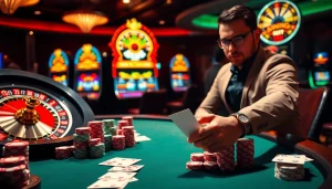 Exciting moment of gameplay with 777g Download, vibrant poker chips and cards scattered on a casino table.