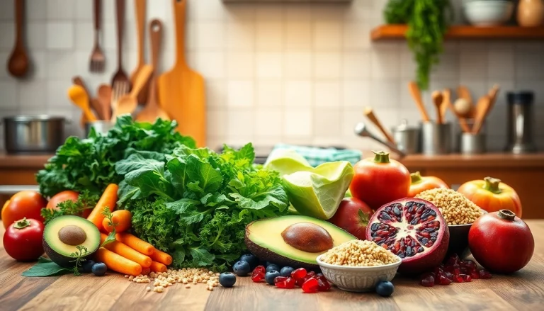 Powerful food methods showcased with vibrant vegetables, fruits, and grains on a wooden table.