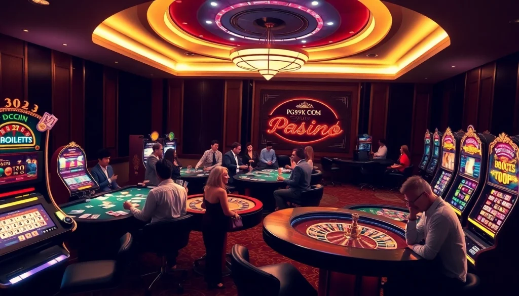 Experience thrilling moments at PG99YK COM with players engaged at casino tables and glowing slots.