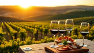 Capture the essence of clarksburg wineries with a stunning wine tasting setup amidst scenic vineyards.