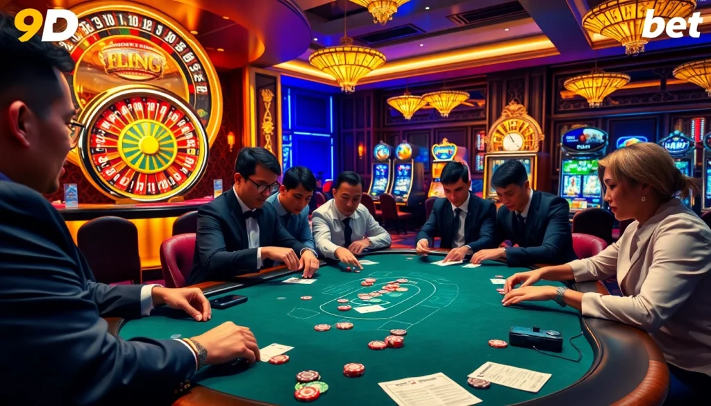Exciting casino scene at 9Dbet with players at a poker table and vibrant gaming elements.