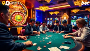 Exciting casino scene at 9Dbet with players at a poker table and vibrant gaming elements.