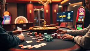 Experience the excitement of https://lucky88.tips/ with a luxurious casino scene featuring poker tables and roulette wheels.