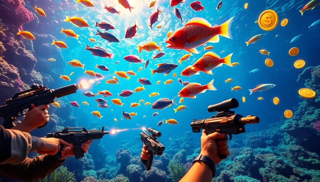 Shooting colorful fish in a thrilling bắn cá đổi thưởng game with vibrant underwater graphics.