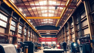 Skilled workers at a steel fabrication shop engaged in metal welding and assembly.