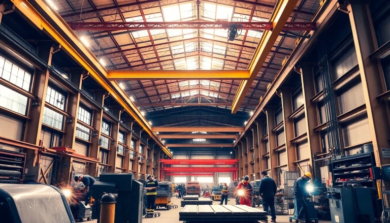 Skilled workers at a steel fabrication shop engaged in metal welding and assembly.