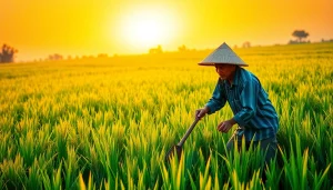 Petani toto sedang bekerja di ladang padi yang hijau dan subur.