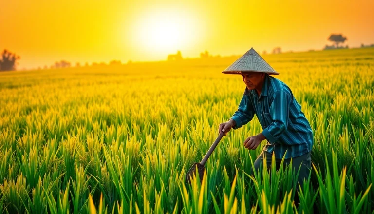 Petani toto sedang bekerja di ladang padi yang hijau dan subur.