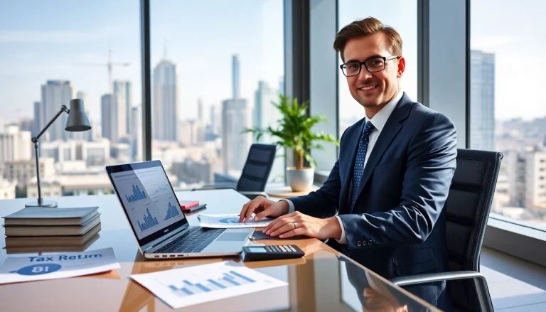Corporate Tax Return Filing scene with a finance professional in a modern office.