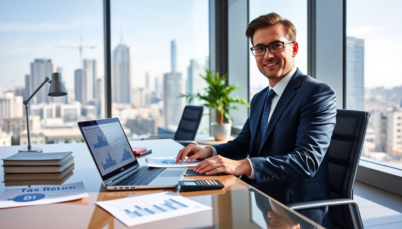 Corporate Tax Return Filing scene with a finance professional in a modern office.