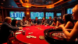 A vibrant casino scene showcasing 54BET with players enjoying high-stakes poker action.
